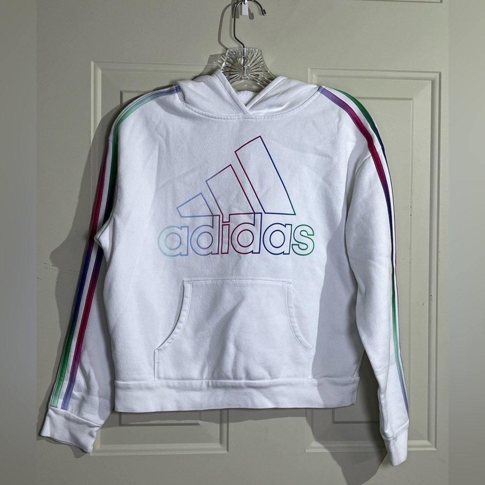 Adidas Girls White Rainbow Logo Hoodie Size 14 Cotton Blend Pullover Sweatshirt